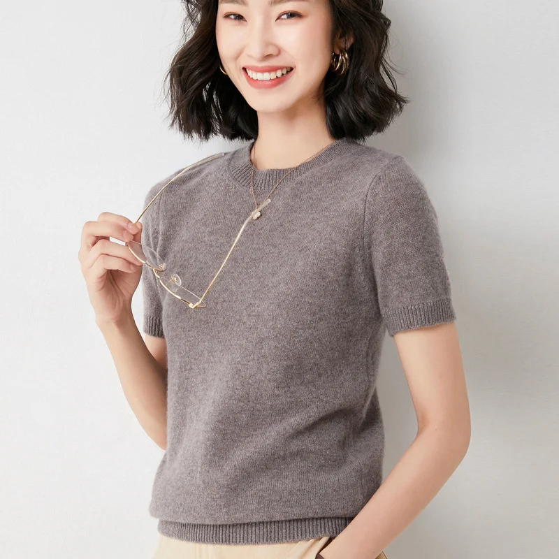 Churchf Churchf Female Round Collar Loose T-Shirt Inside Build Sweater Spring Autumn Base Outside Wear Short Sleeve Hair