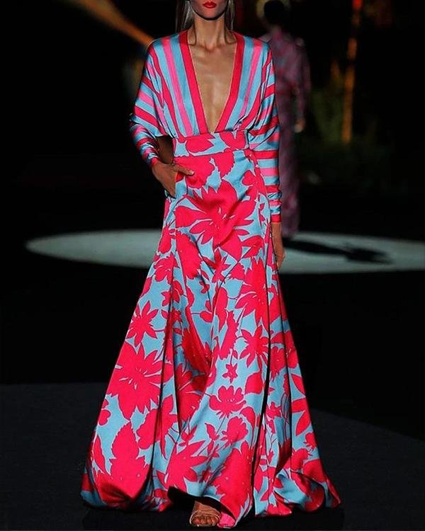 Women V-neck Elegant Boho Print Maxi Dress
