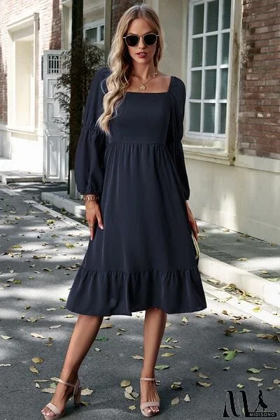 Square Neck Balloon Sleeve Midi Dress