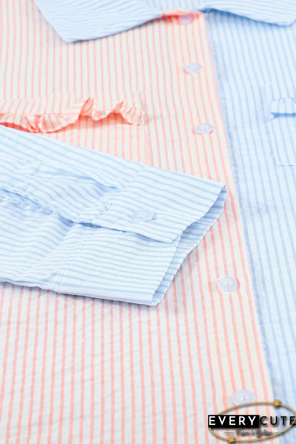 Pink Colorblock Ruffled Trim Pocket Striped Shirt