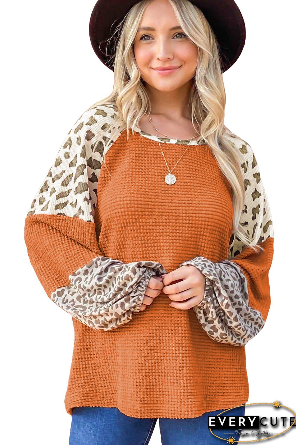Orange Leopard Colorblock Waffle Knit Top