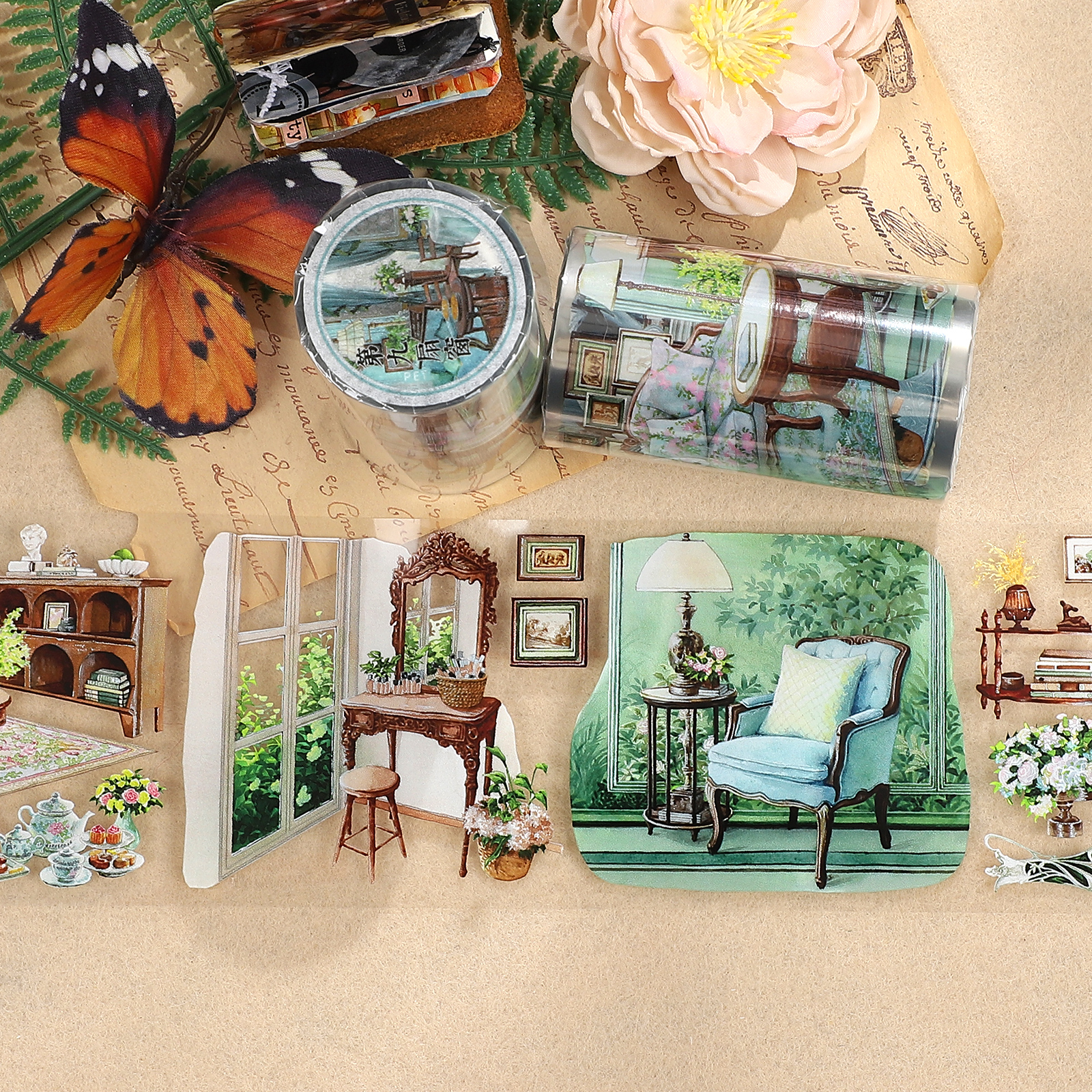 PET 테이프 - 70mm*5m 빈티지 식물 소파 창문용