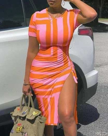 Summer Drawstring Dress Women Fashion Print V-neck Short-sleeved Drawstring Tight Tshirt Dress Women