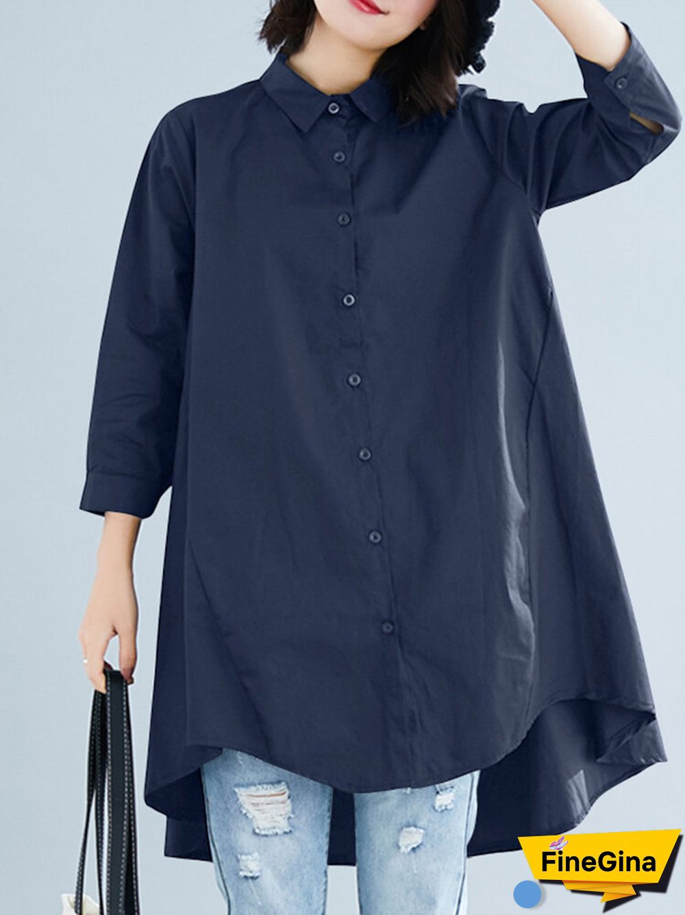 Solid Button High-Low Hem Lapel Loose Casual Shirt
