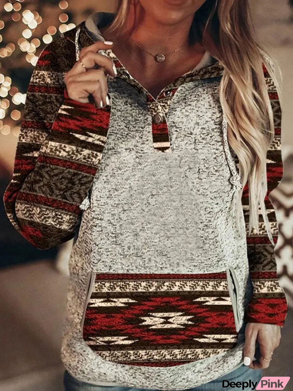 Women Long Sleeve V-neck Hooded Pockets Graphic Tops Sweatshirts