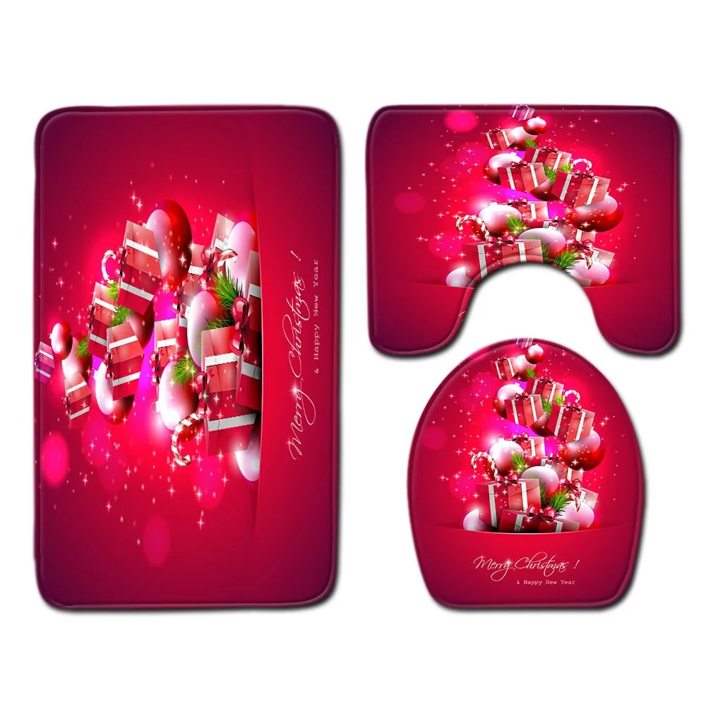 Christmas Toilet seat Cover 3pcs Set Bathroom Mat Home  Absorbent Door mats washroom Decoration Carpet Printing Flannel Rug