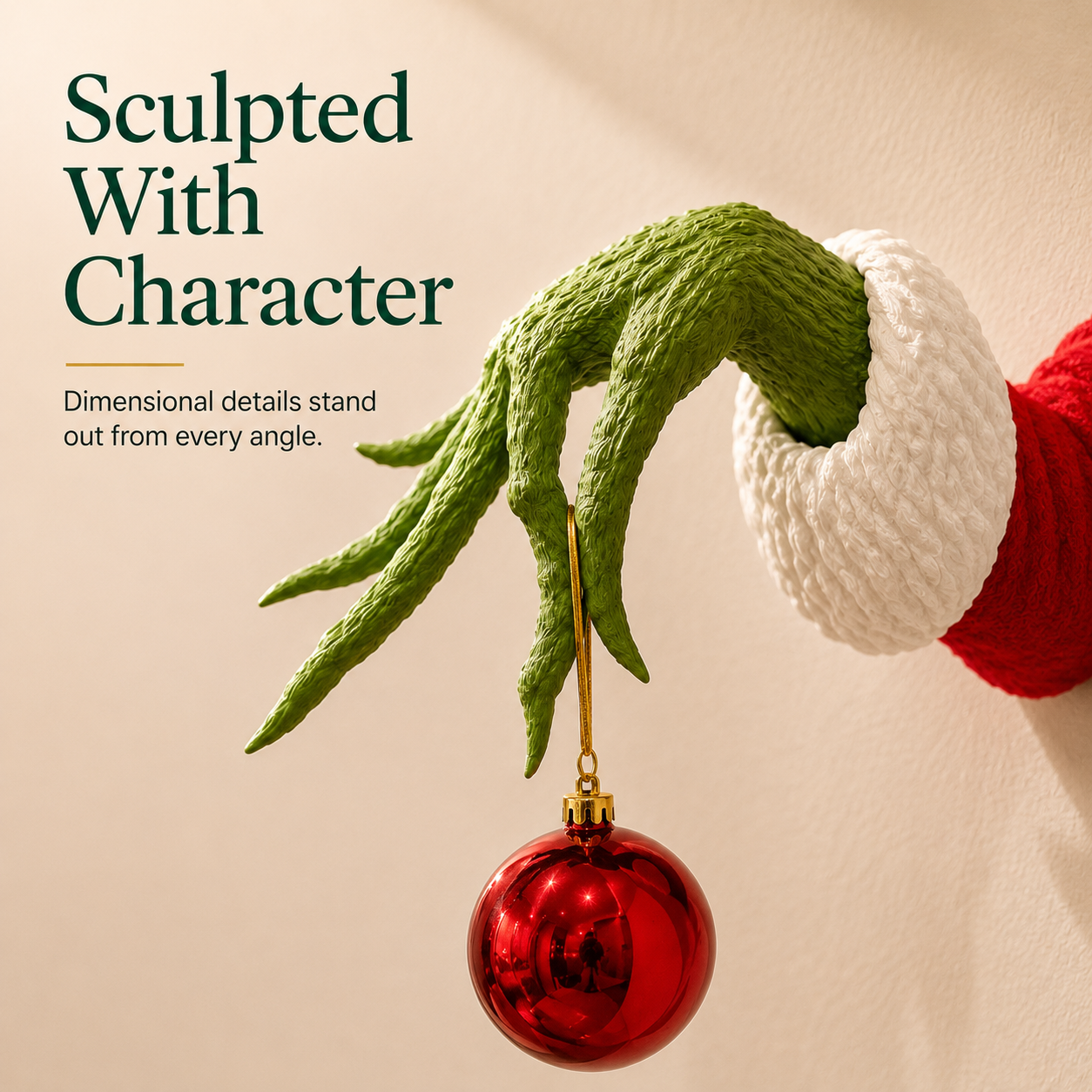 Green monster hand wall decoration styled near Christmas tree