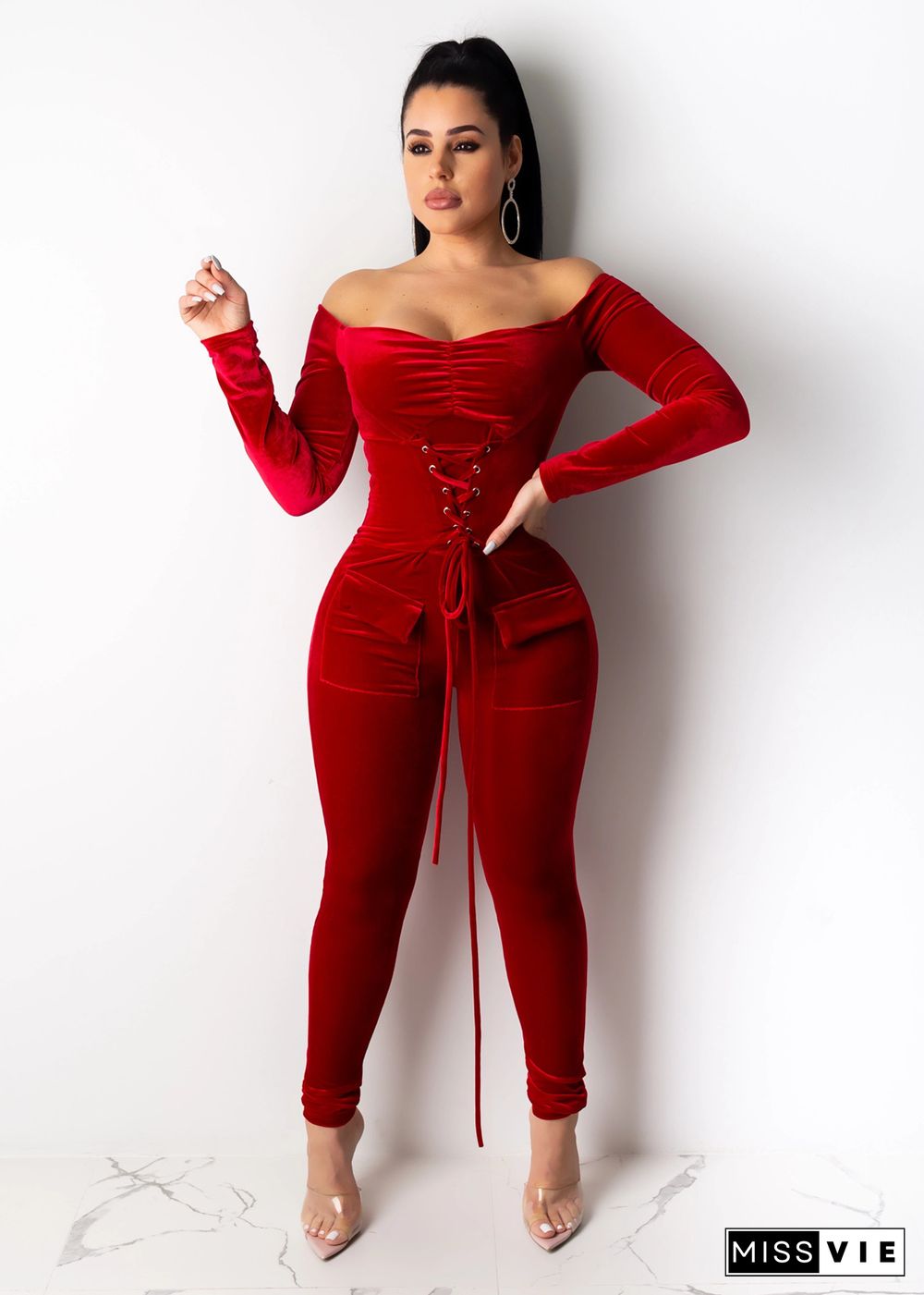 Eyelet Bandage Off Shoulder Skinny Women Jumpsuits