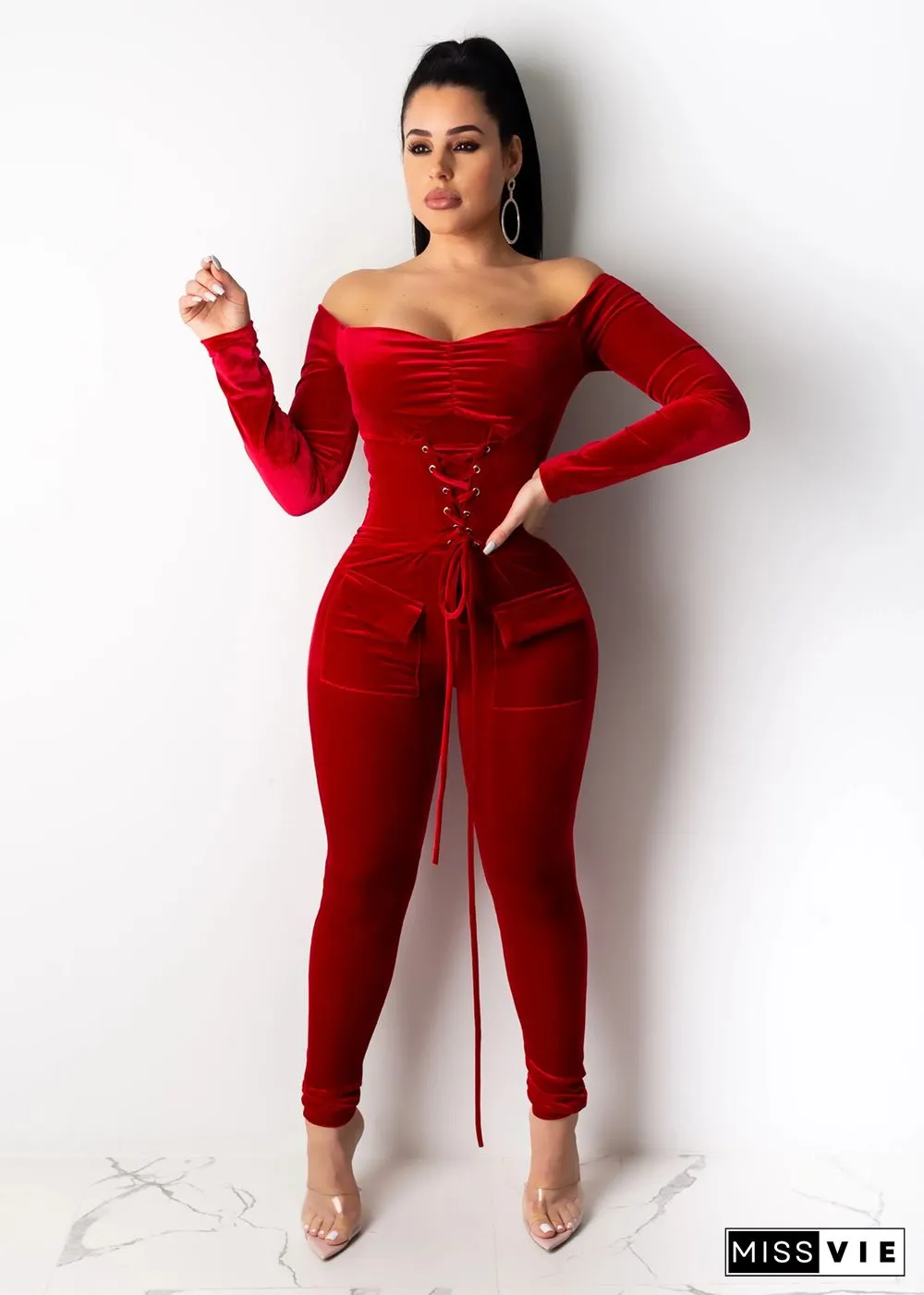 Eyelet Bandage Off Shoulder Skinny Women Jumpsuits