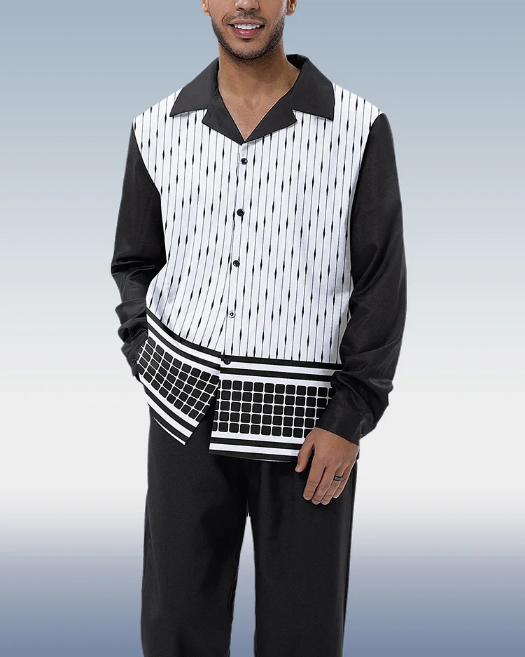 Suitmens Men's Black Abstract Print 2-Piece Long Sleeve Suit 002