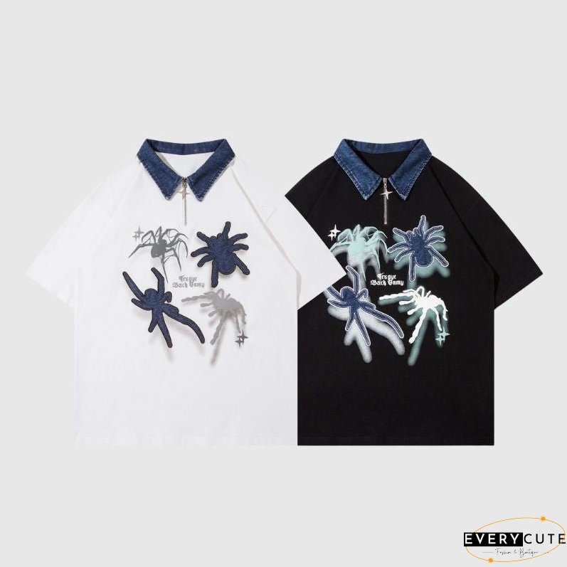 Spider Denim Patch Embroidered Lapel Tee