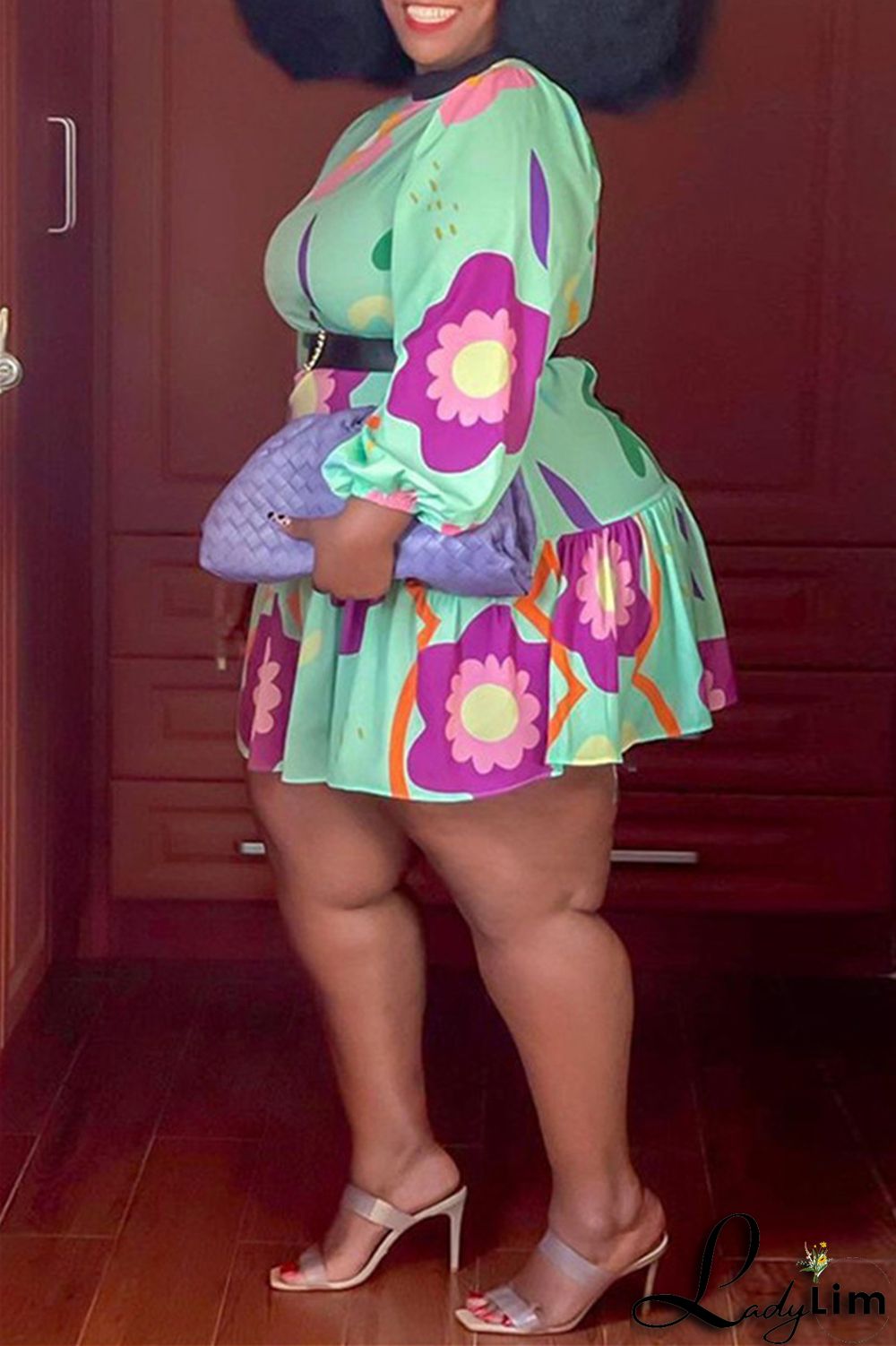 Green Fashion Casual Print Patchwork With Belt O Neck Long Sleeve Plus Size Dresses