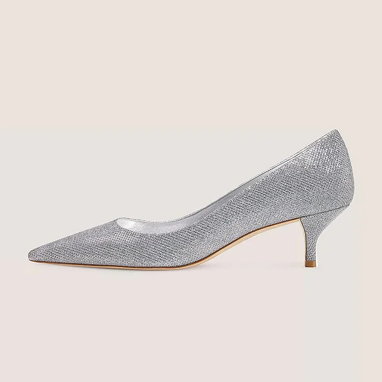 Comfy Pointed Toe Kitten Heels Sparkly Wedding Silver Pumps |FSJ Shoes