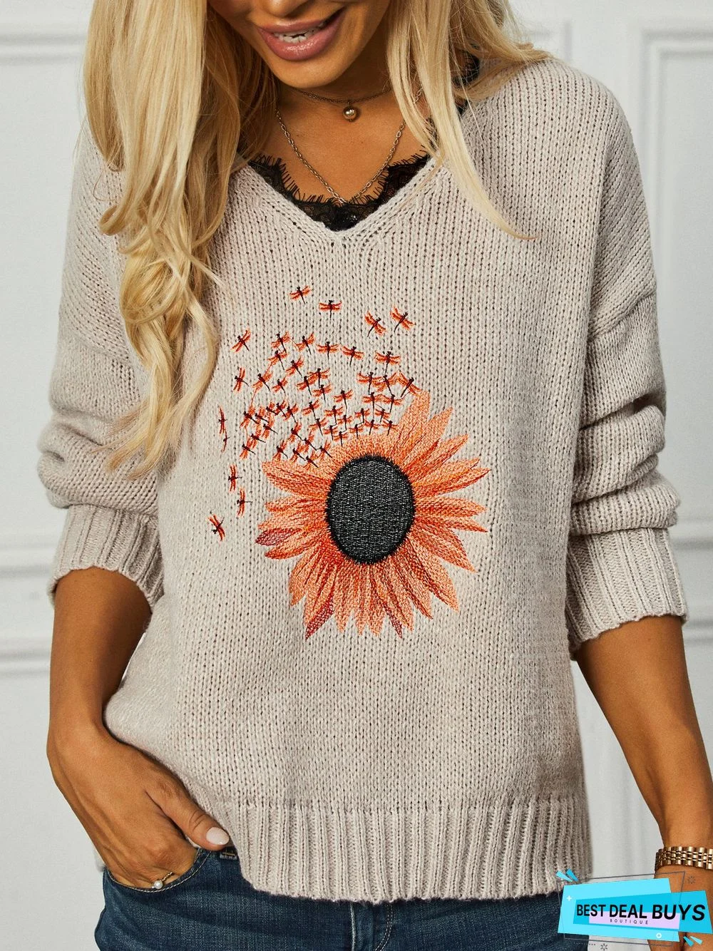 Casual Sunflower Lace V Neck Loose Tunic Sweater