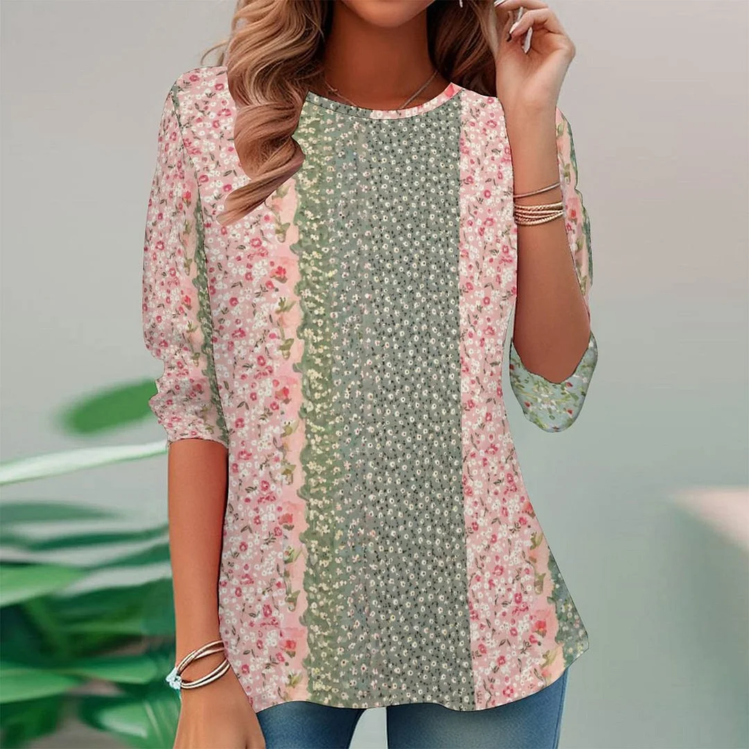 Vintage Printed Long Sleeve Plus Size Tunic for  Women and Men Unisex Pattern Floral,Pink,Green,Stitch