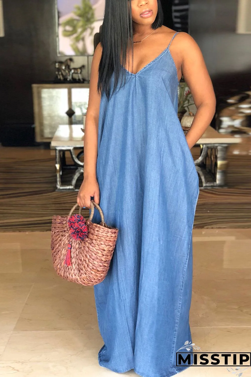 Blue Fashion Casual Spaghetti Strap Sleeveless V Neck A-Line Floor-Length Old washing Dresses