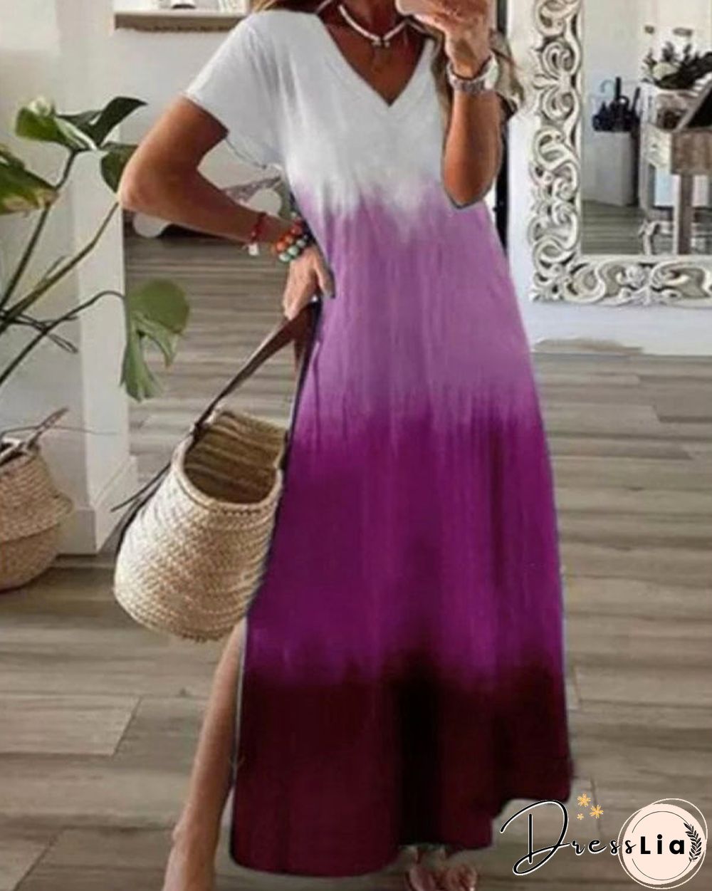 Casual Vintage Gradient Short Sleeve V-Neck Maxi Dress