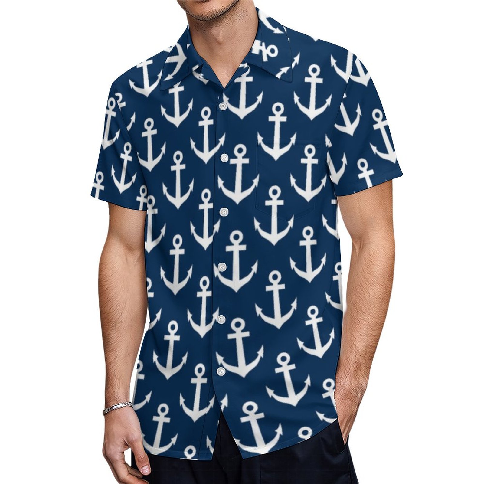 Navy Blue Nautical Ship Anchor Pattern Hawaiian Shirt Mens Button Down Plus Size Tropical Hawaii Beach Shirts