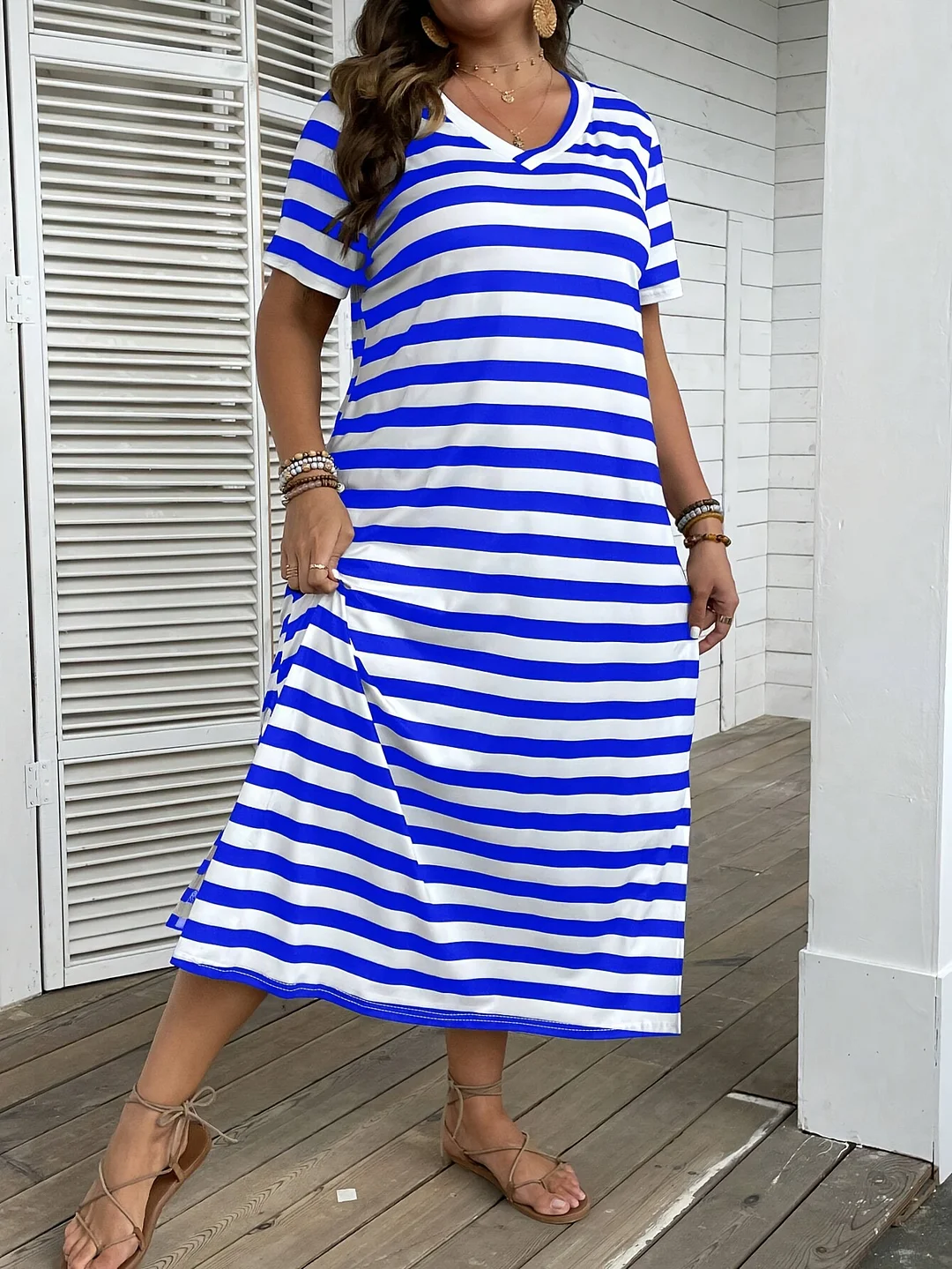 Uveng Uveng Women's Clothing 2024 Summer New V-Neck Striped Print Dress