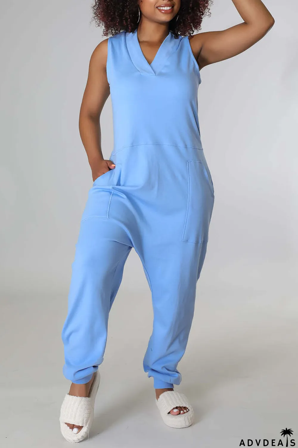 Rose Red Casual Solid Split Joint V Neck Straight Jumpsuits