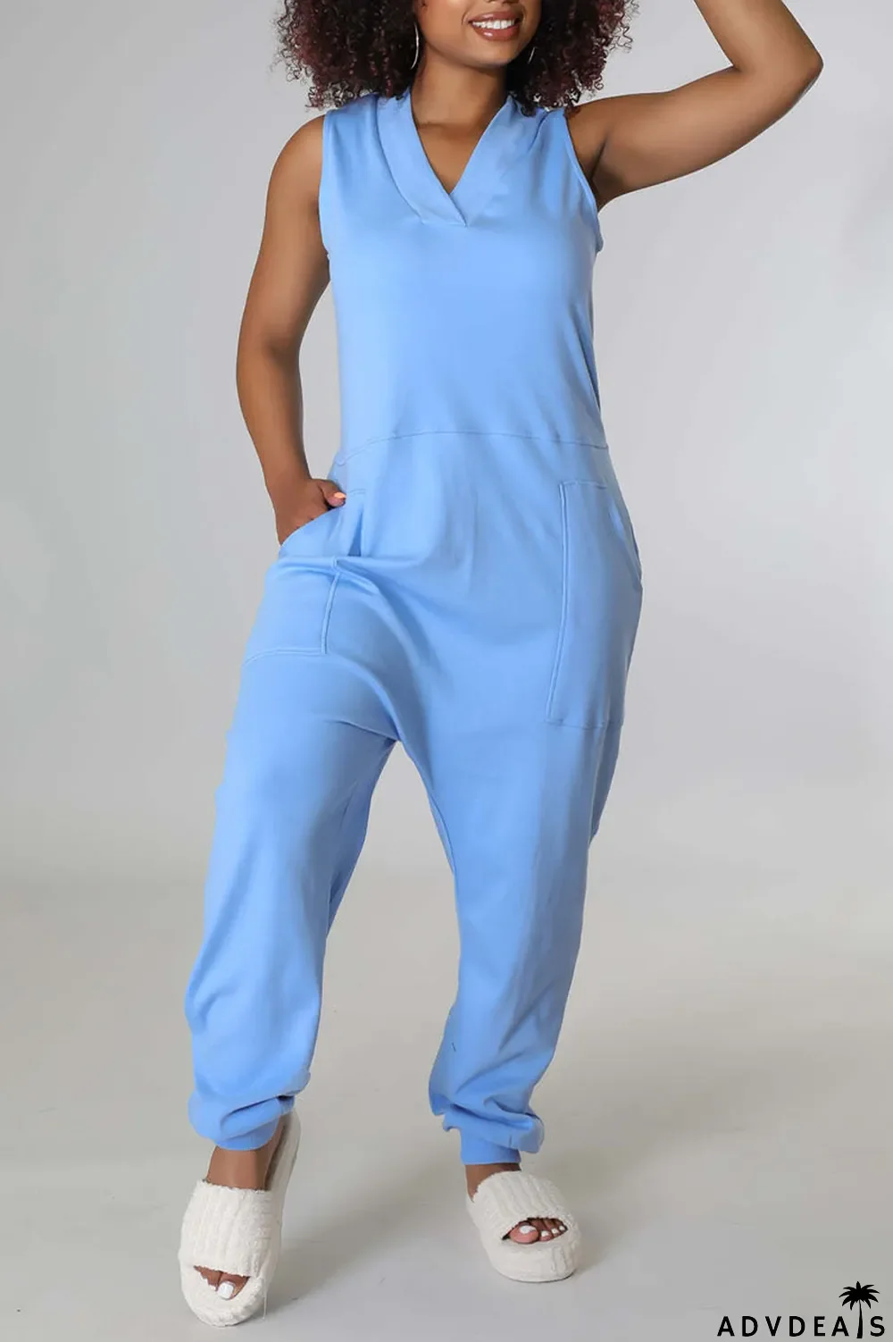 Rose Red Casual Solid Split Joint V Neck Straight Jumpsuits