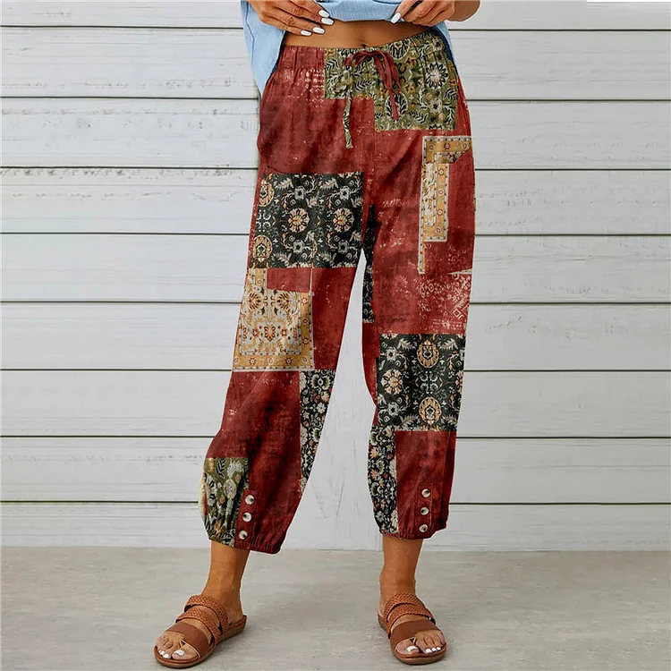Women's High Waist Drawstring Cropped Pants Elastic Waist Cuffed Pastoral Style Retro Print Pants socialshop