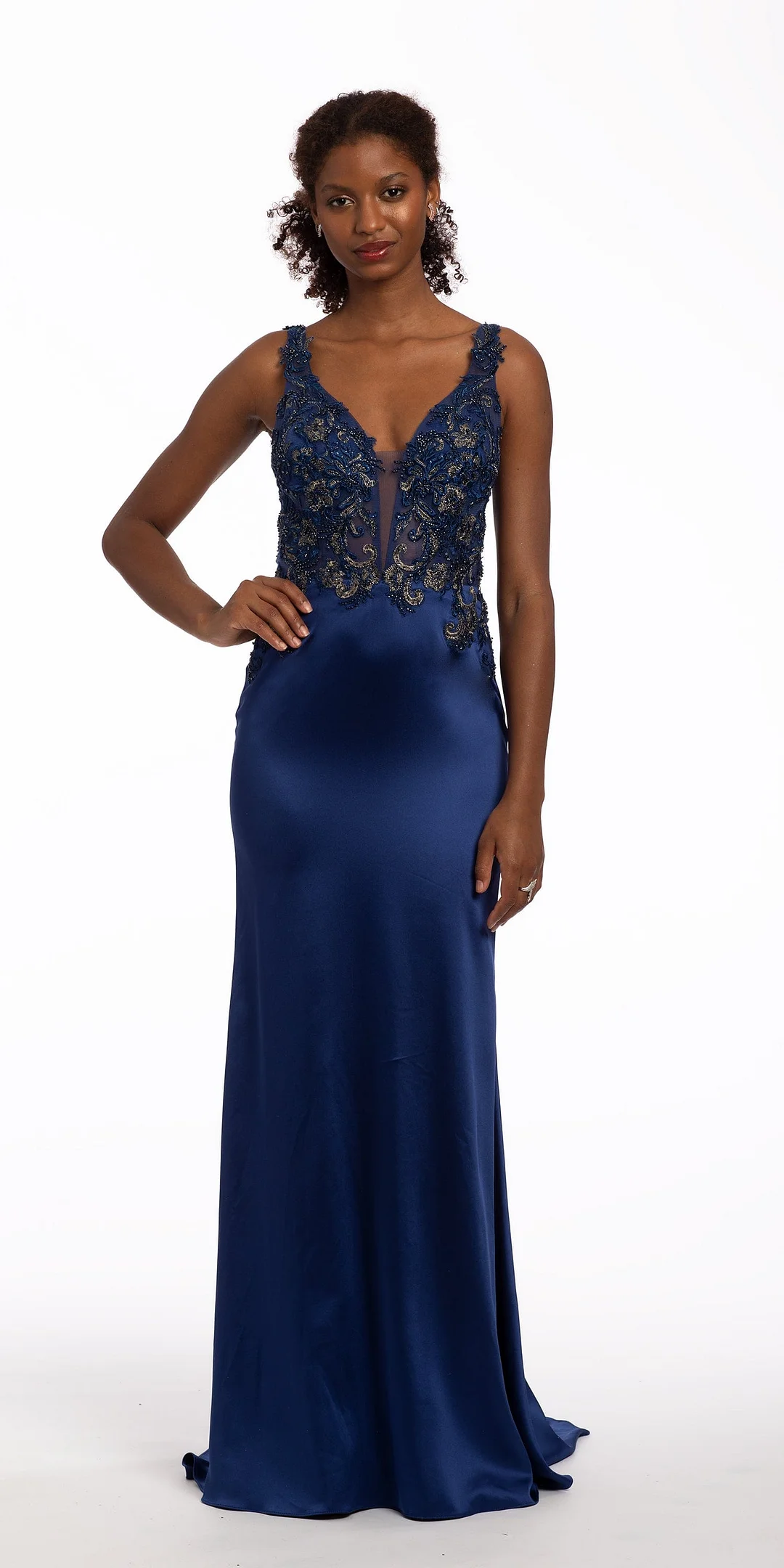 Beaded Embroidered Plunging Sateen Dress with Train