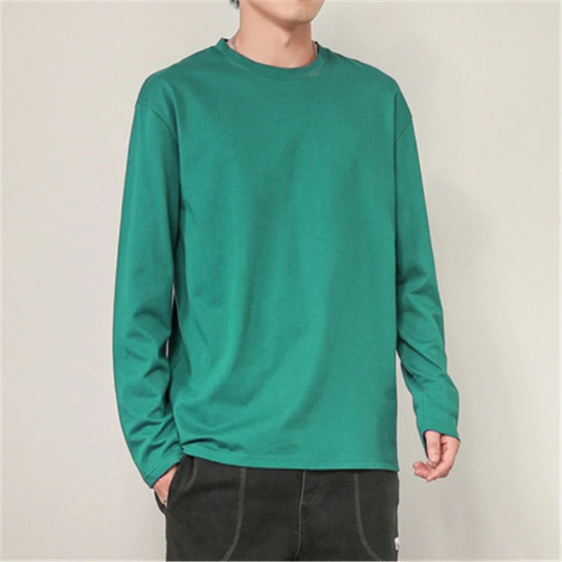 Huiketi Cotton T Shirt Men Solid Color Long Sleeves O Neck Mens Tshirt Casual Streetwear Man Pullover Tops Tees Plus Size 5Xl