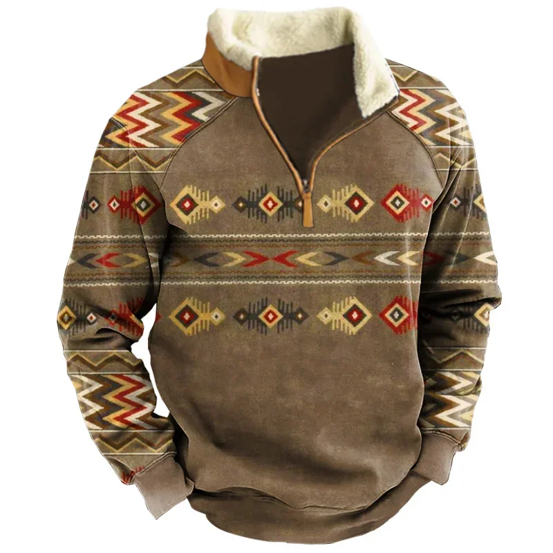 Stand Collar Zip Western Tribal Geometry Sweatshirt