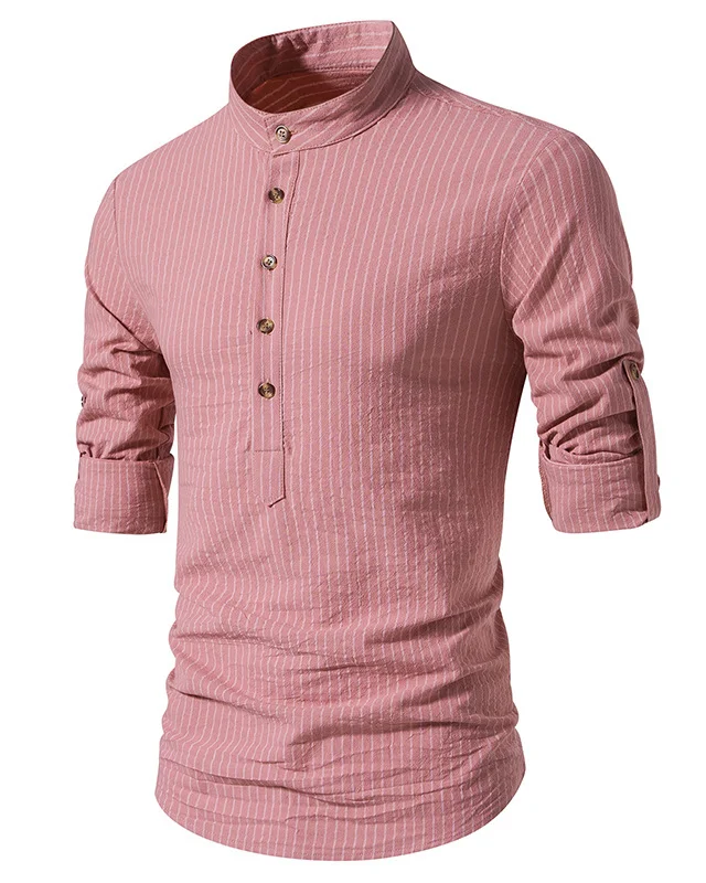 Men's Cotton And Linen Classic Striped Long-Sleeved Shirt 0215