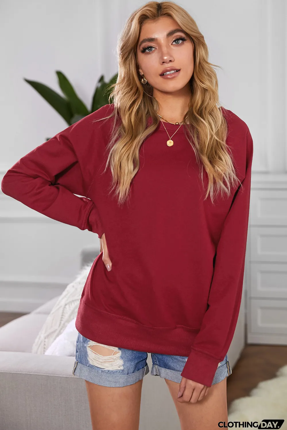 Blank Apparel - Wine Red Solid Crew Neck Pullover Sweatshirt