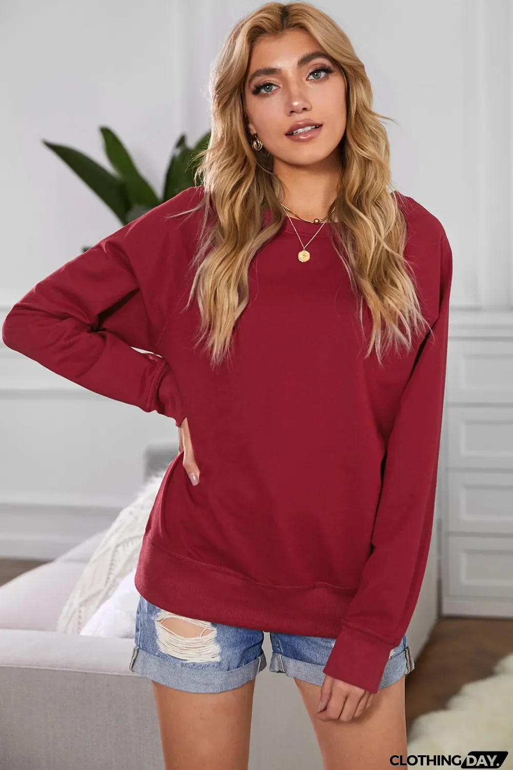 Blank Apparel - Wine Red Solid Crew Neck Pullover Sweatshirt