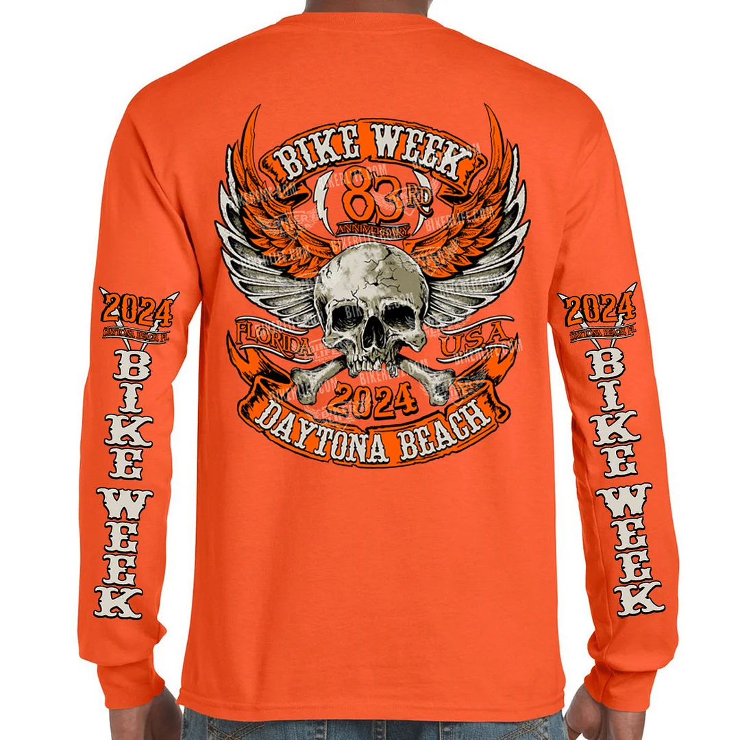 2024 Bike Week Daytona Beach Orange Skull Wings Long Sleeve