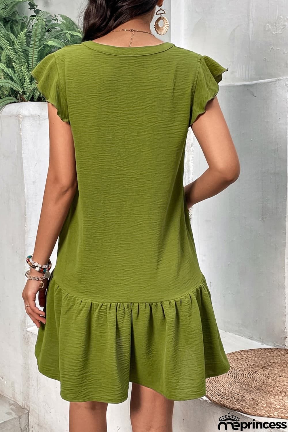 Buttoned Notched Neck Flutter Sleeve Dress