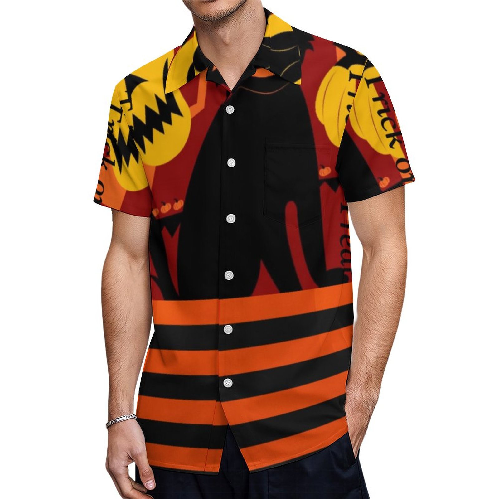 Halloween Black Cat Pumpkin Pants Hawaiian Shirt Mens Button Down Plus Size Tropical Hawaii Beach Shirts