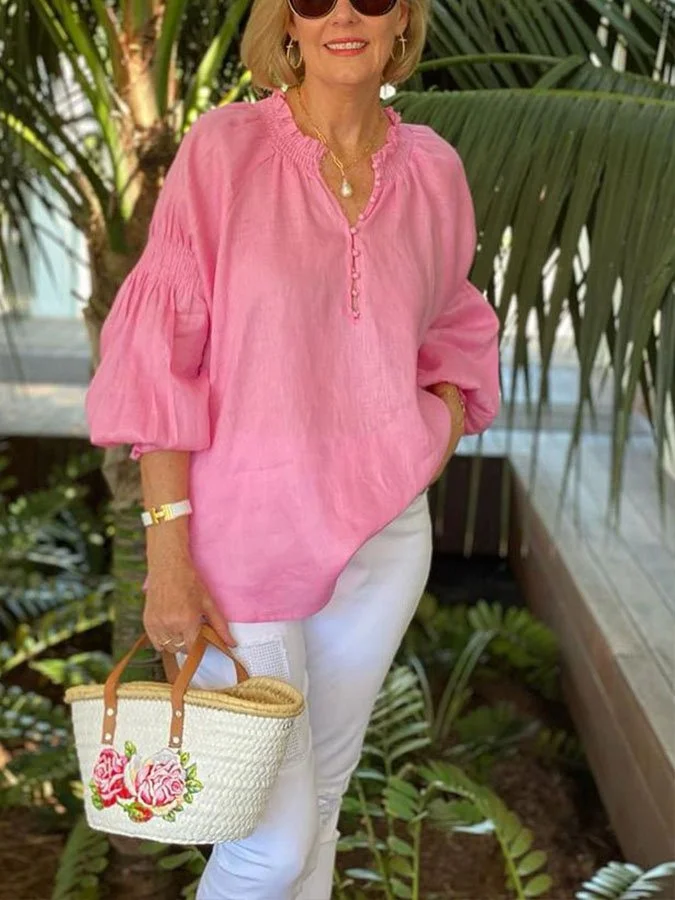 Bubble Long Sleeve Casual V-Neck Pink Shirt