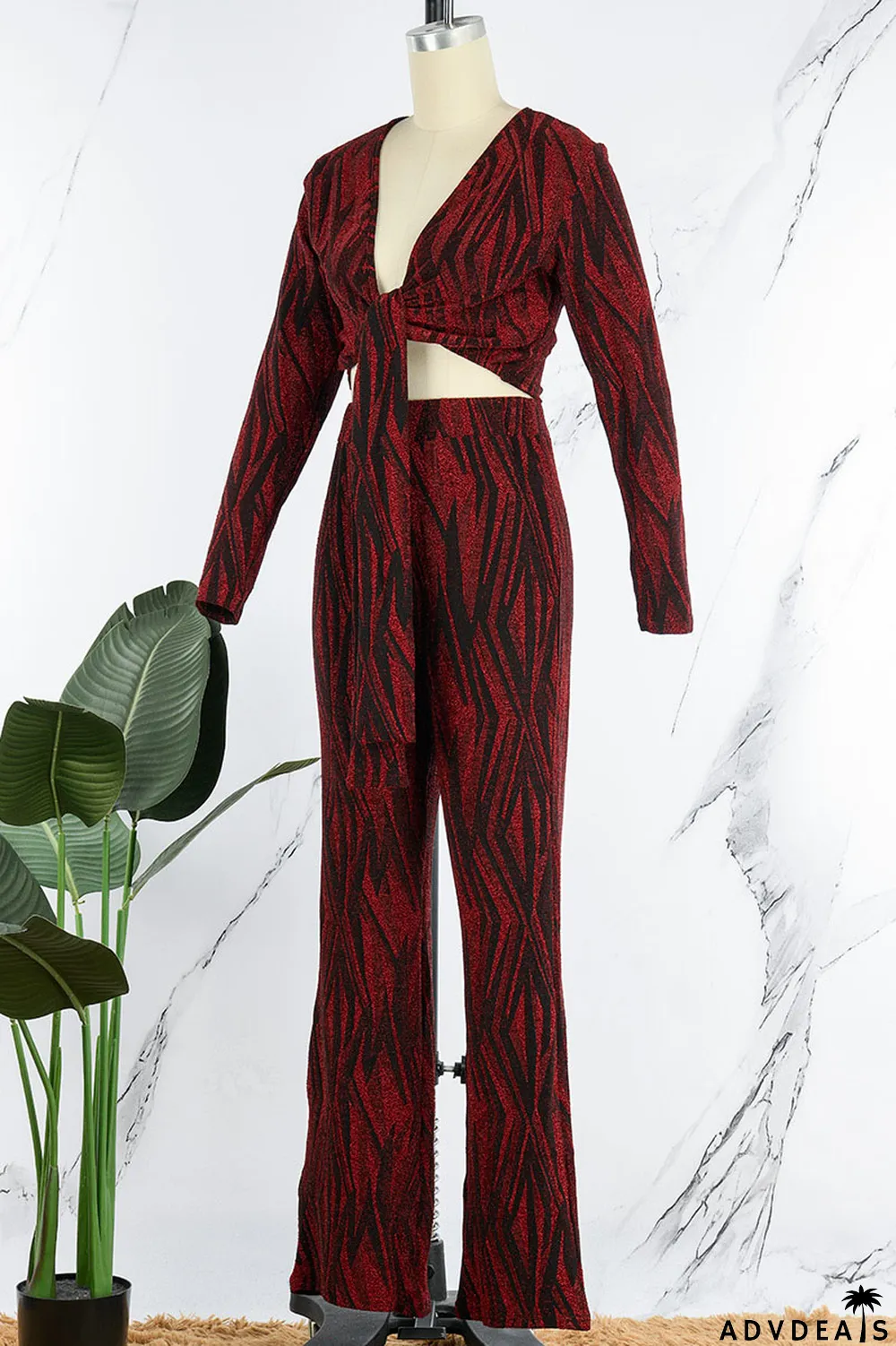 Black Sexy Print Bandage Patchwork V Neck Long Sleeve Two Pieces