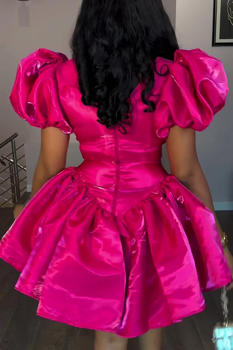 Puff Sleeve Cutout Basque Waist A-Line Party Mini Dresses-Fuchsia [Pre Order]