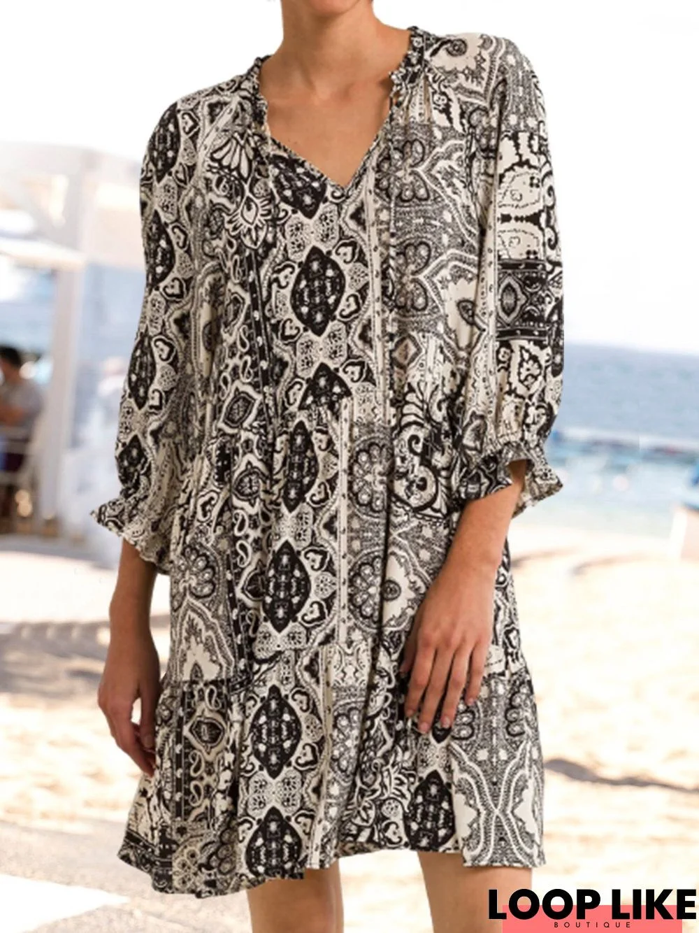 V Neck Ethnic Casual Loose tunic Dress