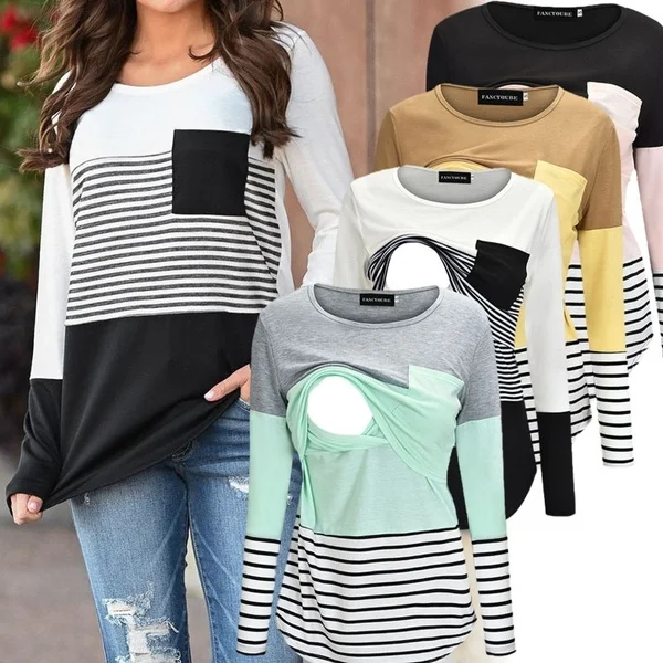 Fashion Pregnant Women Stiching Color Breastfeeding Nursing T Shirts Casual Loose Long Sleeve Tee Tops For Maternity Mom
