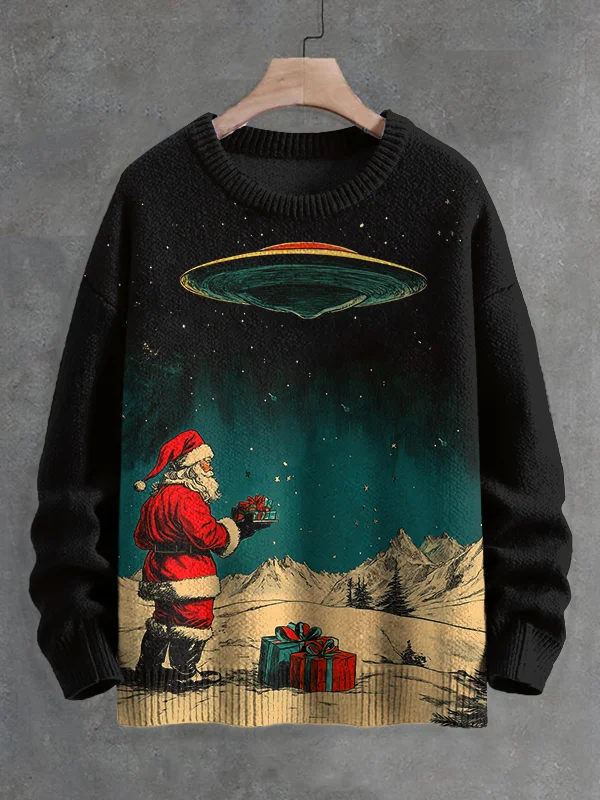 Men's Santa Meets UFO Art Print Knit Sweatshirt