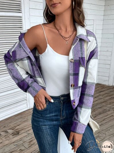 Plaid Button Up Drop Shoulder Cropped Jacket