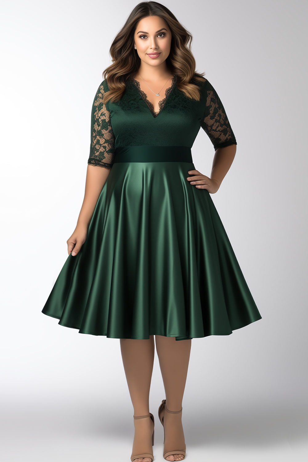 Flycurvy Plus Size Wedding Guest Dark Green Satin Lace Tunic Half Sleeve Midi Dress