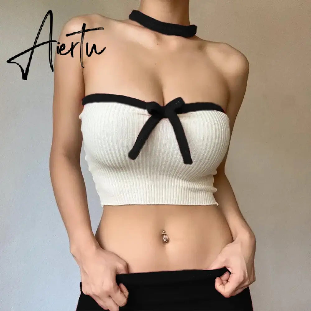 Embellished Bow Detail Sexy Strapless Crop Tops Outfits for Women Party Club Backless Cropped Tube Top Summer Aiertu