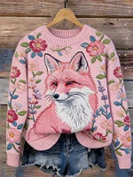 Classy Pink Fox Floral Cozy Knit Sweater