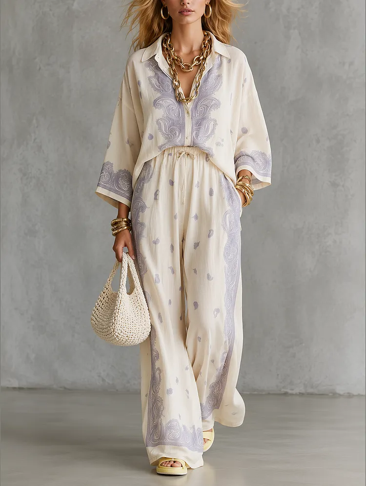 Resort Bohemian Paisley Shirt & Wide Leg Pants Set