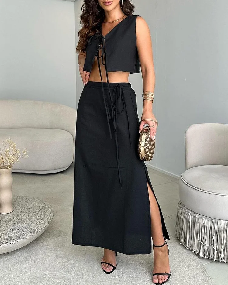 Sleeveless strappy solid color two piece set