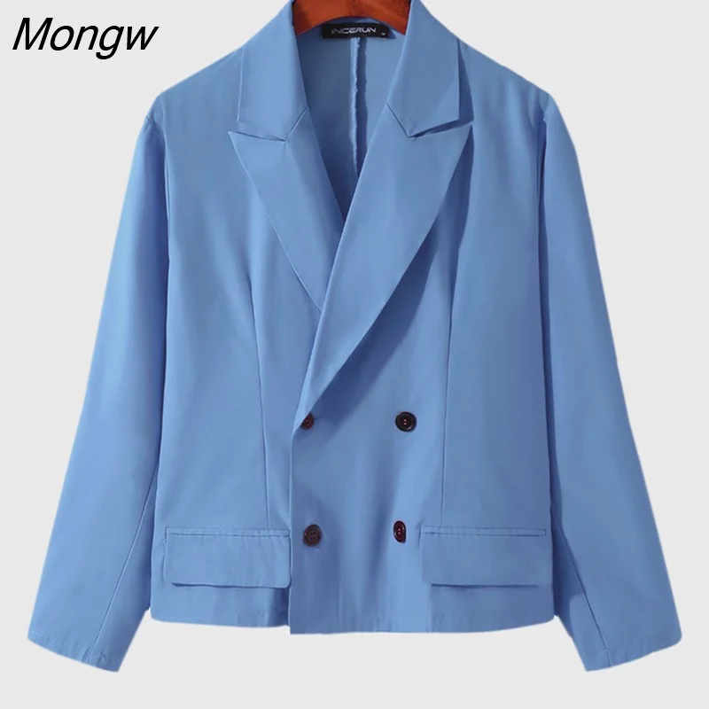 Mongw Men Blazer Lapel Long Sleeve Double Breasted Fashion Casual Suits Men Streetwear Solid 2023 Leisure Crop Coats S-5XL