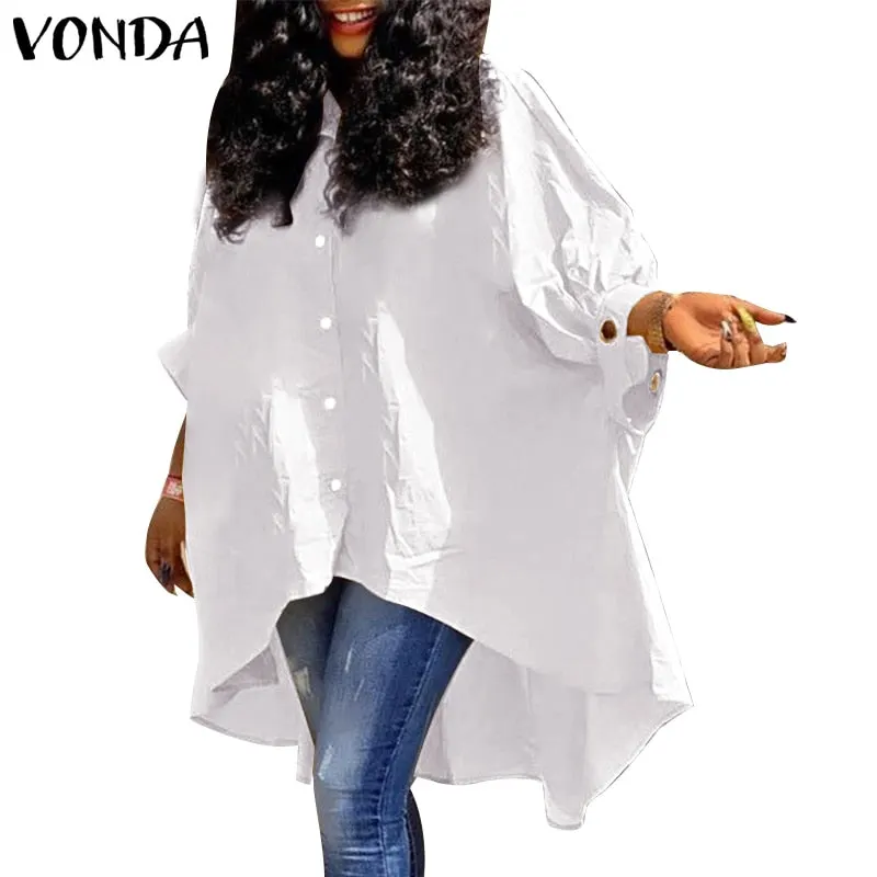 VONDA Women Blouse Office Shirts 2022 Summer Casual Lapel Button Up Baggy 3/4 Sleeve Solid Tops Tunic Bohemian Blusas Femininas