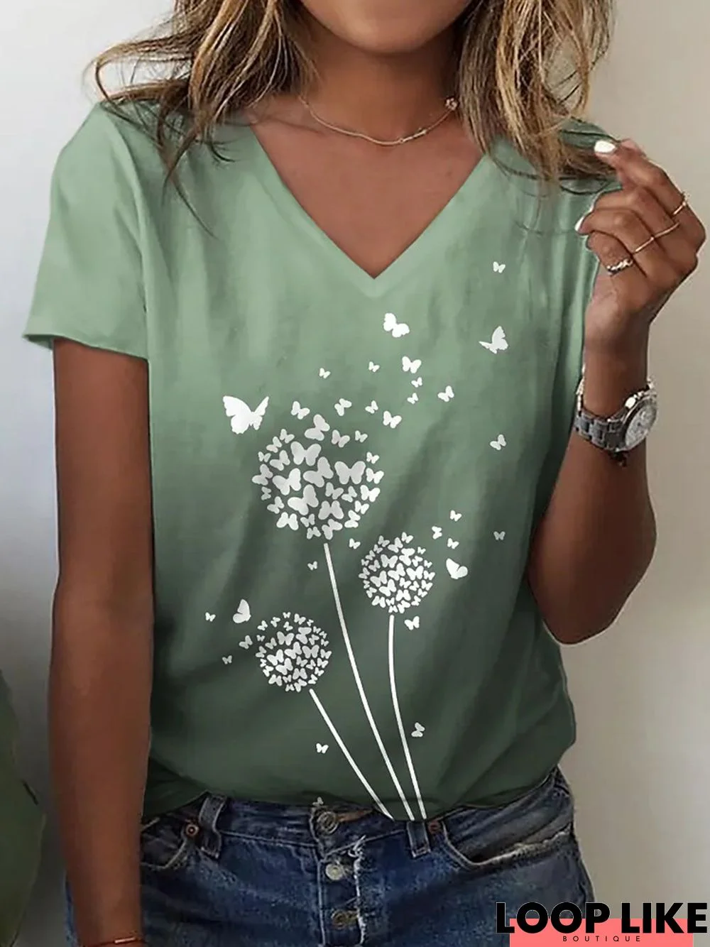 Women's Daily Weekend Dandelion V Neck Gradient Floral Printed Loosen Casual Short Sleeve T-Shirt